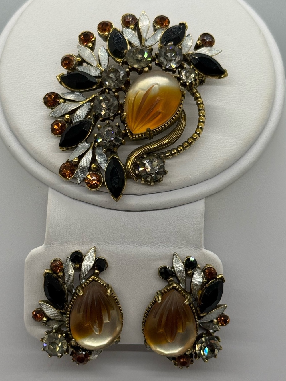 Vintage Florenza Demi Parure– Brooch & Clip Earrings, Topaz Cabochon, Rhinestone